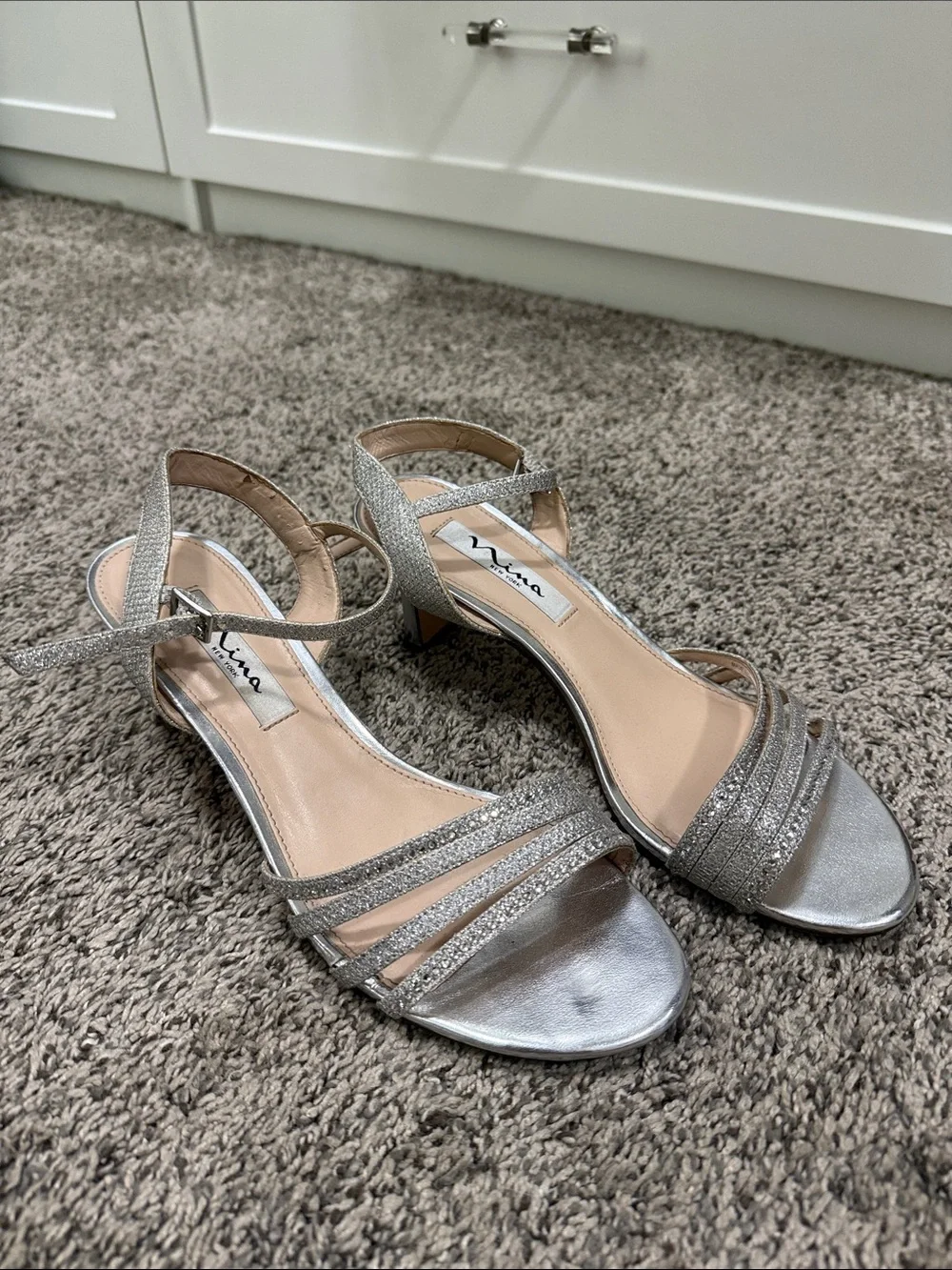 Nina Silver Glitter Strappy Mid Heel Sandals